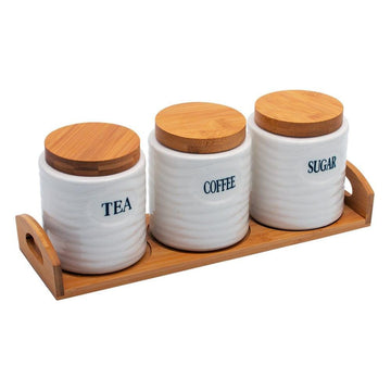 Tea, Coffee, Sugar - 3 White Ceramic Waves Jars with Lid on Wooden Tray Set